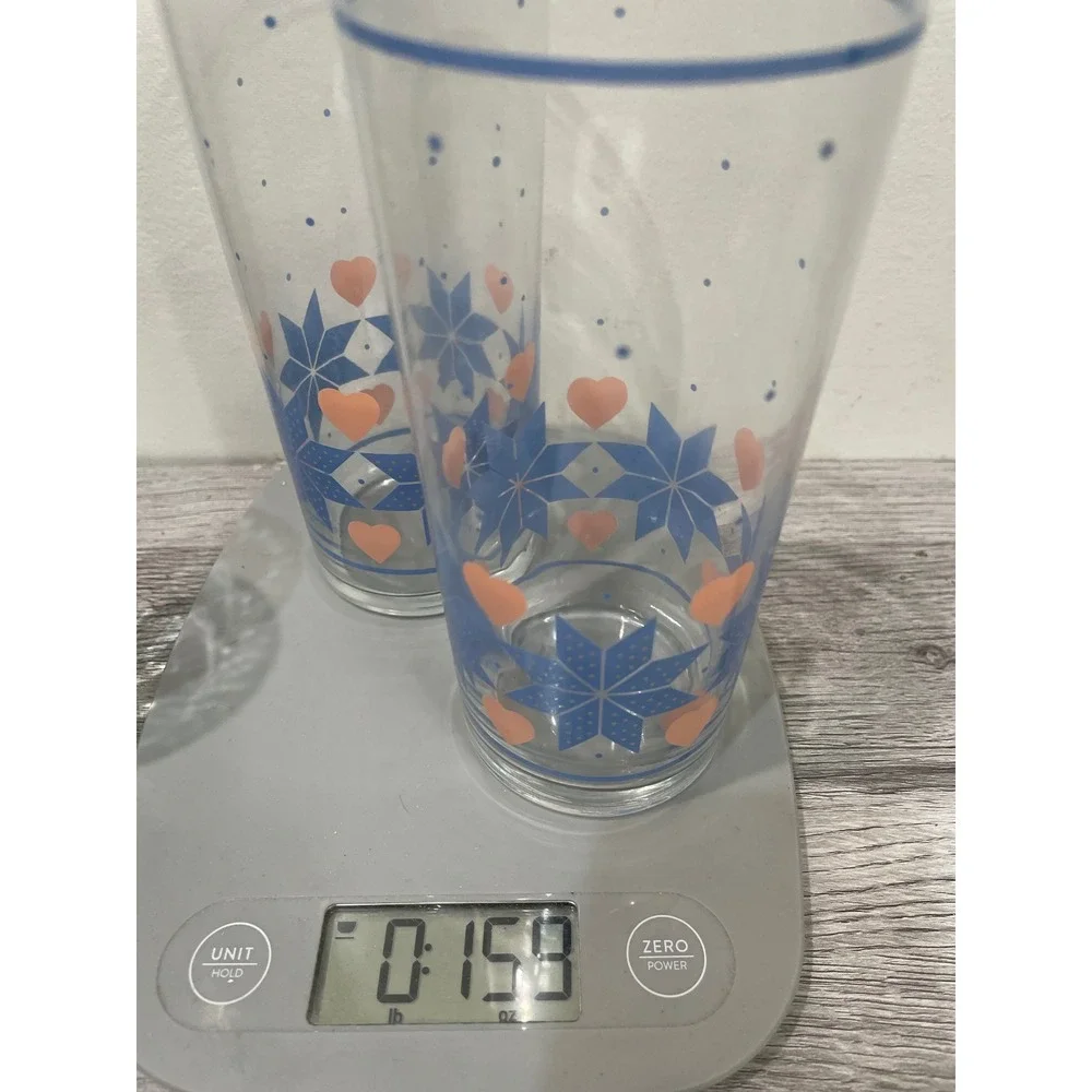 Vintage LIBBEY Snowflake and Heart Glass Tumblers Set of 2 Blue Peach Folk Art